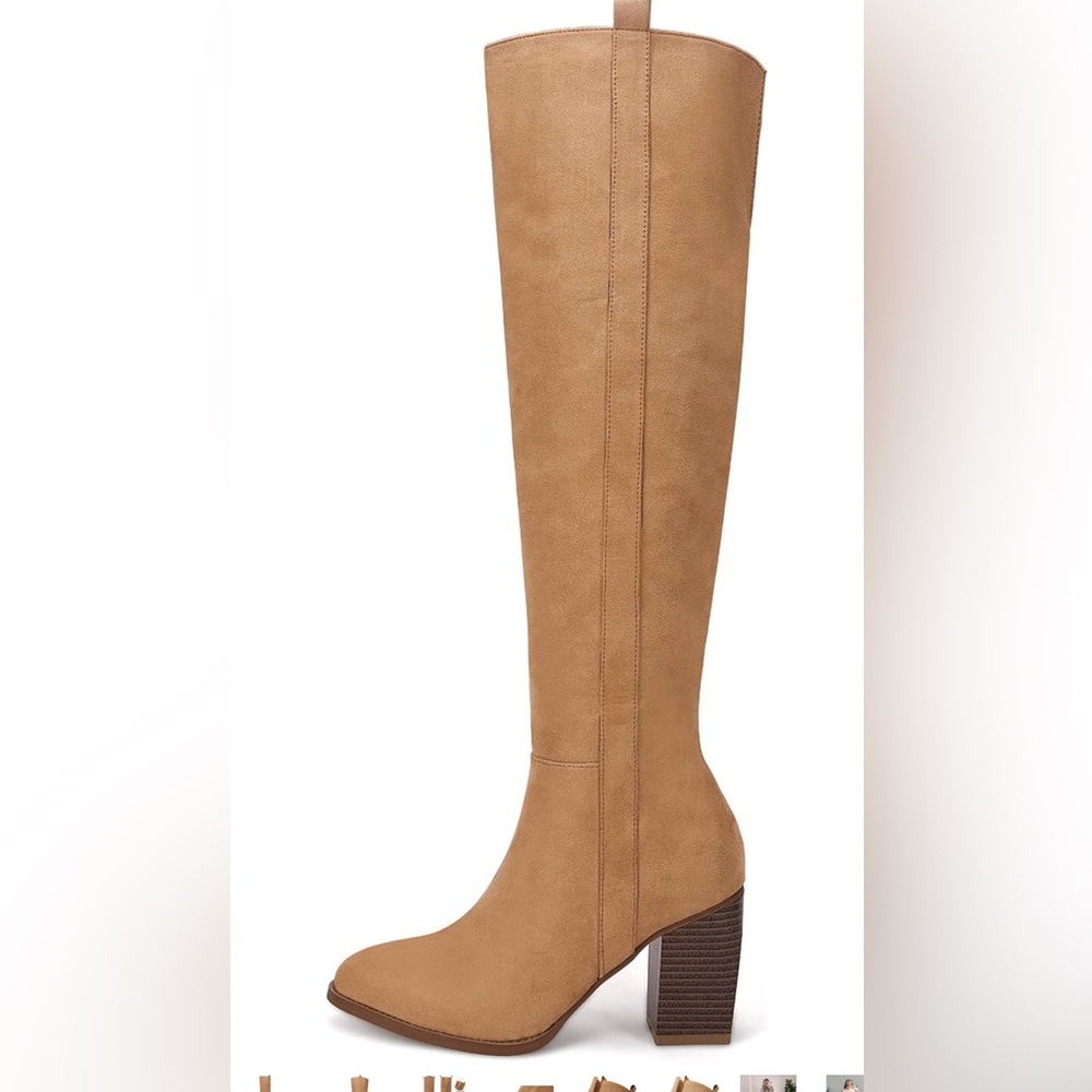 Ermonn Womens Faux Suede Knee High Side Zipper Chunky Heel Stretch Winter Boots